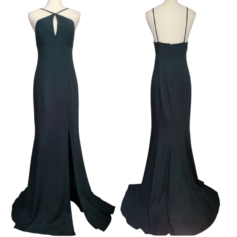 Amsale Hunter Green Halter Neck Mermaid Gown Bridesmaid Maxi Dress High Slit 6 - Picture 1 of 14
